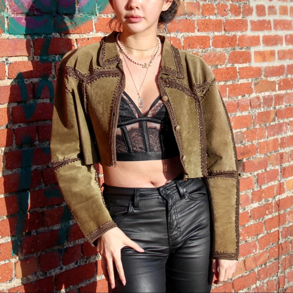 Vintage Olive Green Cropped Suede Leather Jacket - Picture 3 of 8
